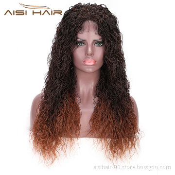 Aisi Hair Synthetic Twist Braided Lace Front Long Wavy Wigs Ombre Brown Senegalese Lace Front Long Braided Wigs For Women